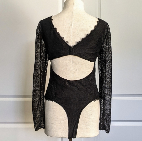 Jonathan Simkhai Intermix Bodysuit Lace Thong Long Sheer Sleeves Black M NWT - Picture 8 of 16